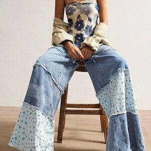 Blue Boho Casual Women's Loose Patchwork Wide Leg Jeans